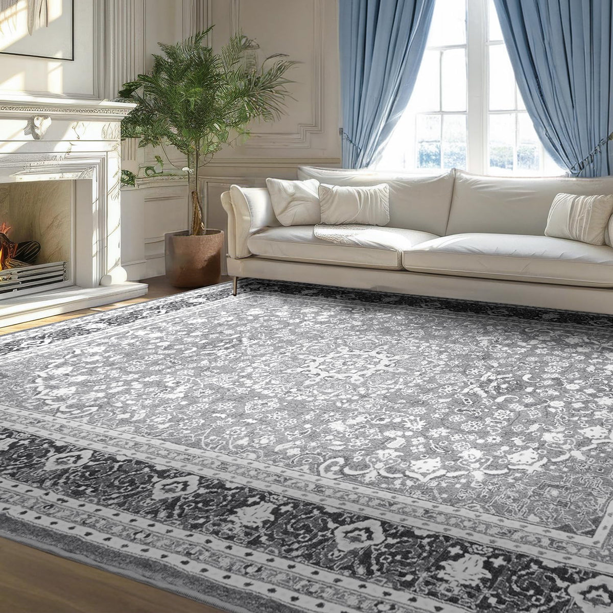 Lessymo 8 x 10 Area Rugs for Living Room, Machine Washable Rug Grey White