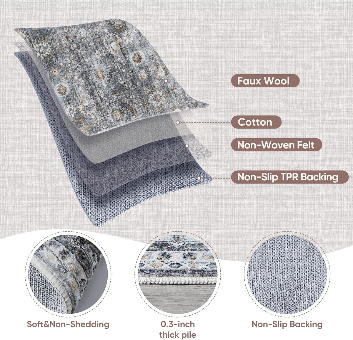 Rugcomf Large Living Room Rug 8x10 Washable Non Slip Vintage, Grey