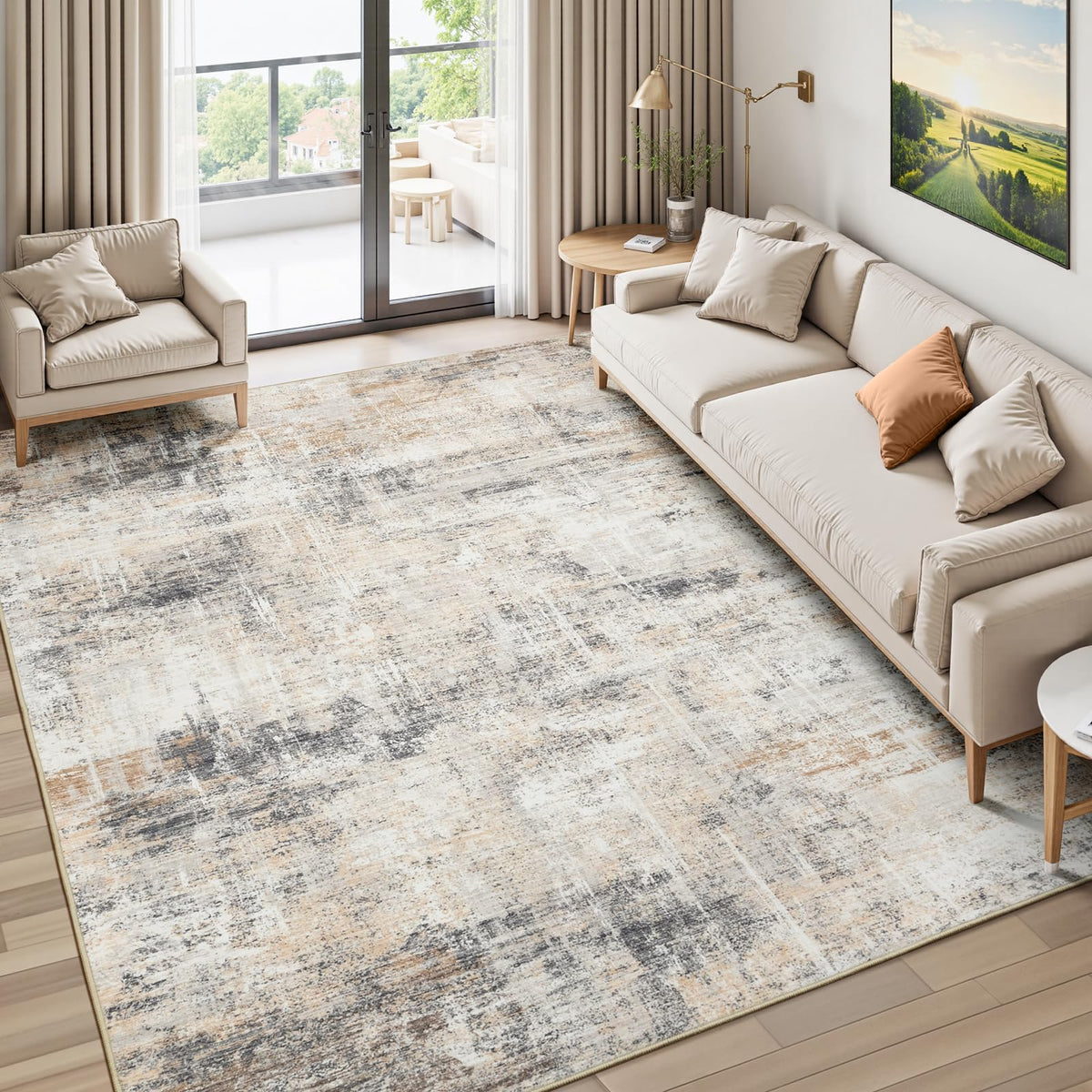 8x10 Area Rug for Living Room, Abstract Washable Non-Slip Large Rugs, Gold