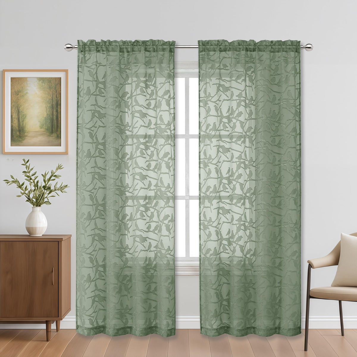 OVZME Sage Green Sheer Curtains 63 Inch Length 2 Panel Set, Light Filtering Bedroom Curtains with Dual Rod Pocket Top, Leaf Bird Clip Jacquard Sheer Farmhouse Window Drapes for Living Room, 2x38Wx63L