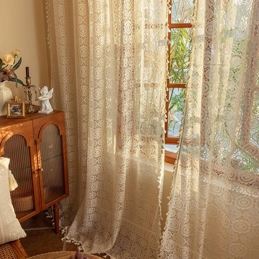 YJ YANJUN Boho Lace Curtains 84 inches Long 2 Panels-Vintage Floral Crochet Sheer Panels with Tassel for Living Room Bedroom Light Filtering Cottagecore Bohemian Farmhouse Drapes Beige W59 x L84