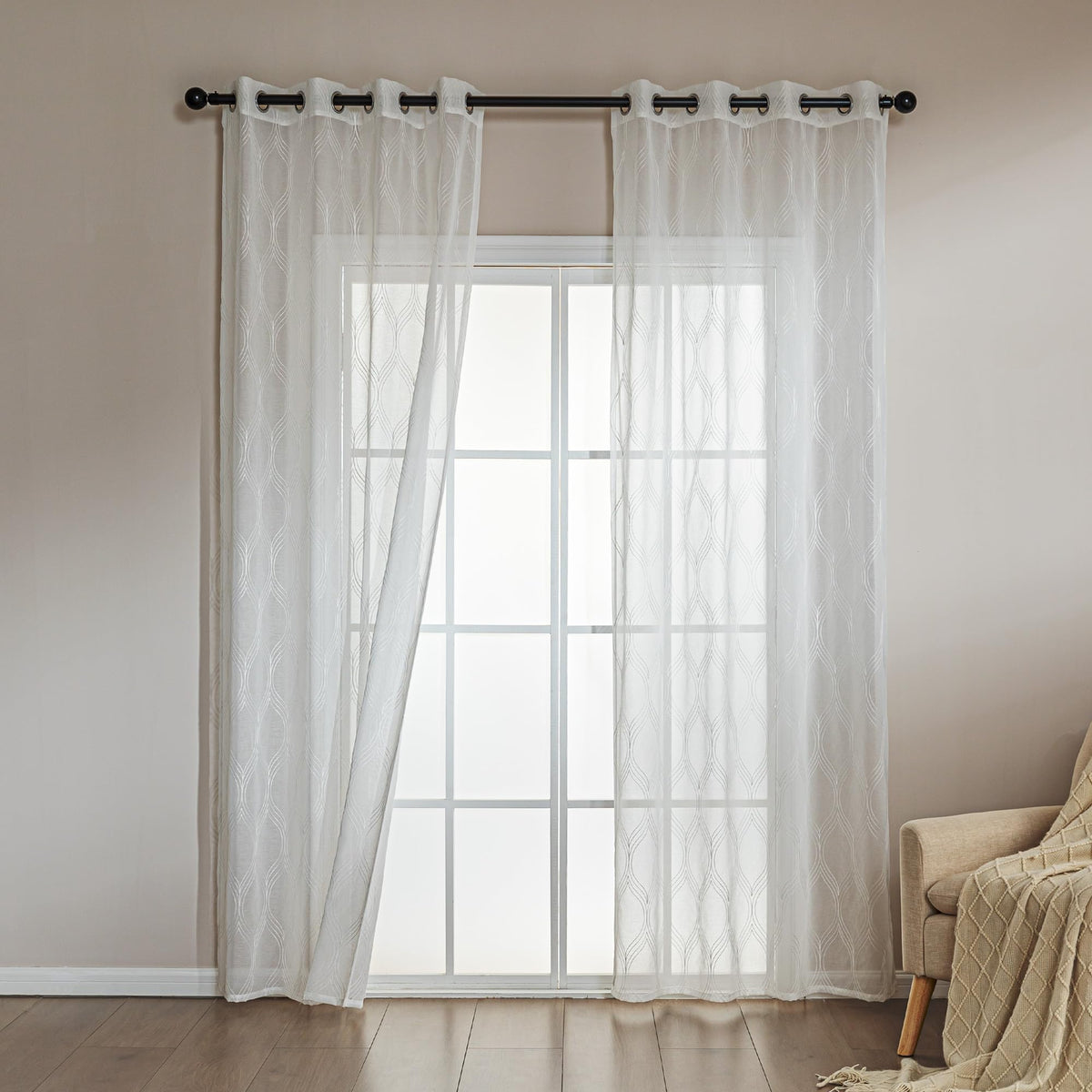 Amazon Basics Lace Sheer Curtains for Living Room and Bedroom, 2-Panel Set with Grommet, 42" W × 63" L, White Cloverleaf