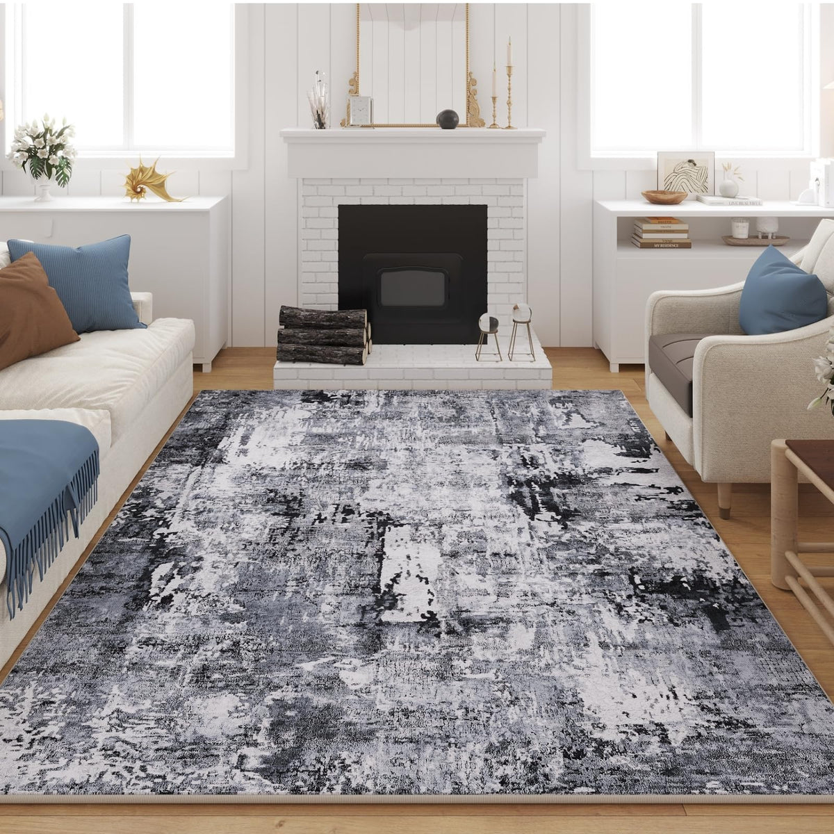 Rugcomf Large Living Room Rug 8x10 Washable Non Slip Vintage, Grey