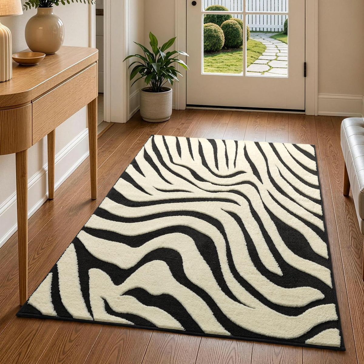 YIHOUSE 5×7 Ft Area Rugs for Living Room: Modern Washable Rug - Abstract Black and Cream White Rug for Bedroom Dining Room Office Playroom Nursery Home Decor - Nonslip Non-Shedding Striped Rugs