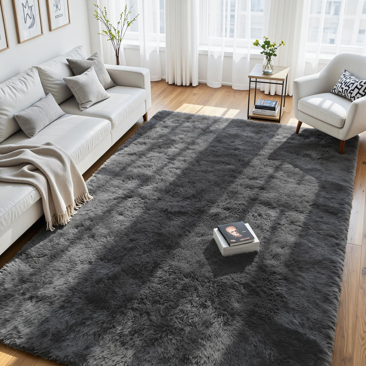 8x10 Fluffy Area Rug for Living Room: Soft Non-Slip Black Bedroom Carpet