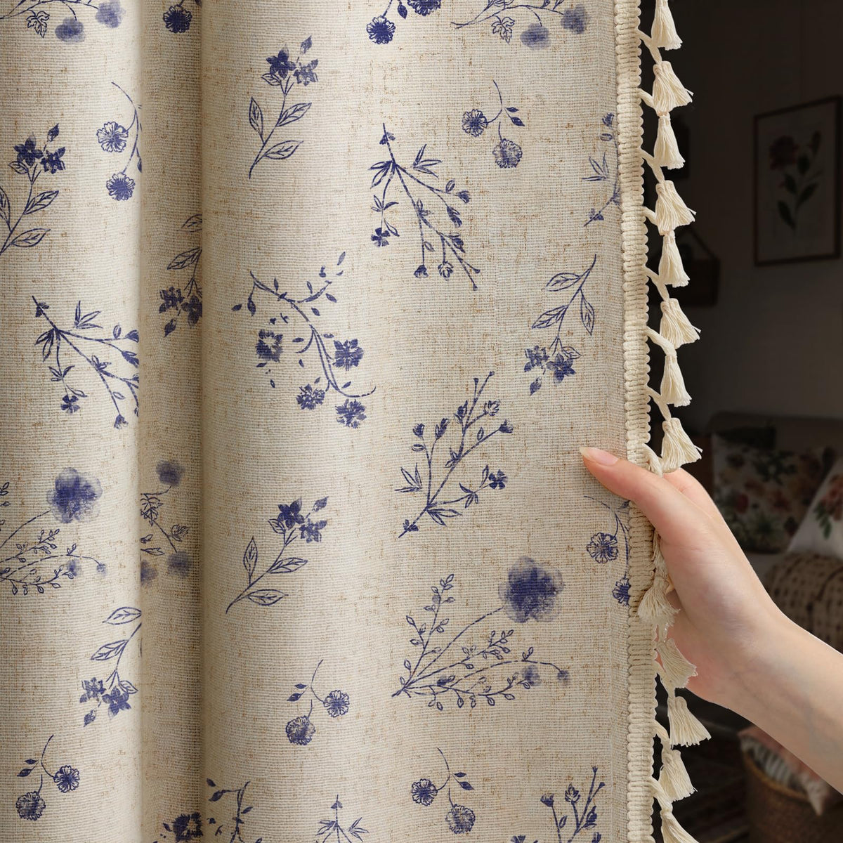 Boho Floral Light Filtering Curtains 84 Inch 2 Panels Linen Texture