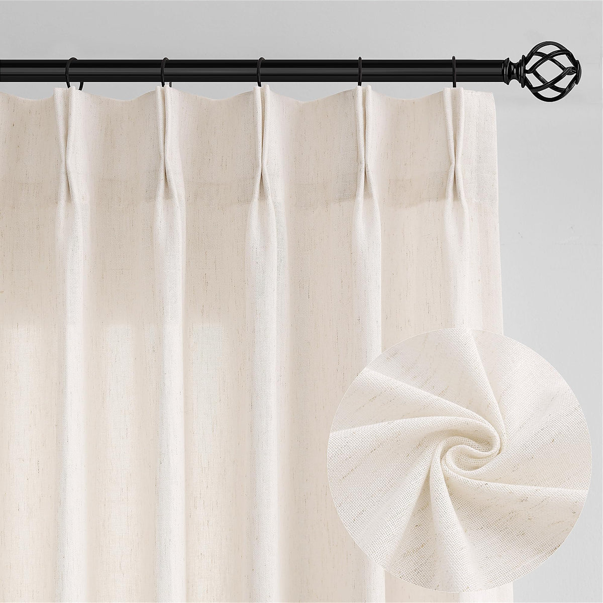105 Inch Extra Long Curtains Linen Pinch Pleated Cream Semi Sheer