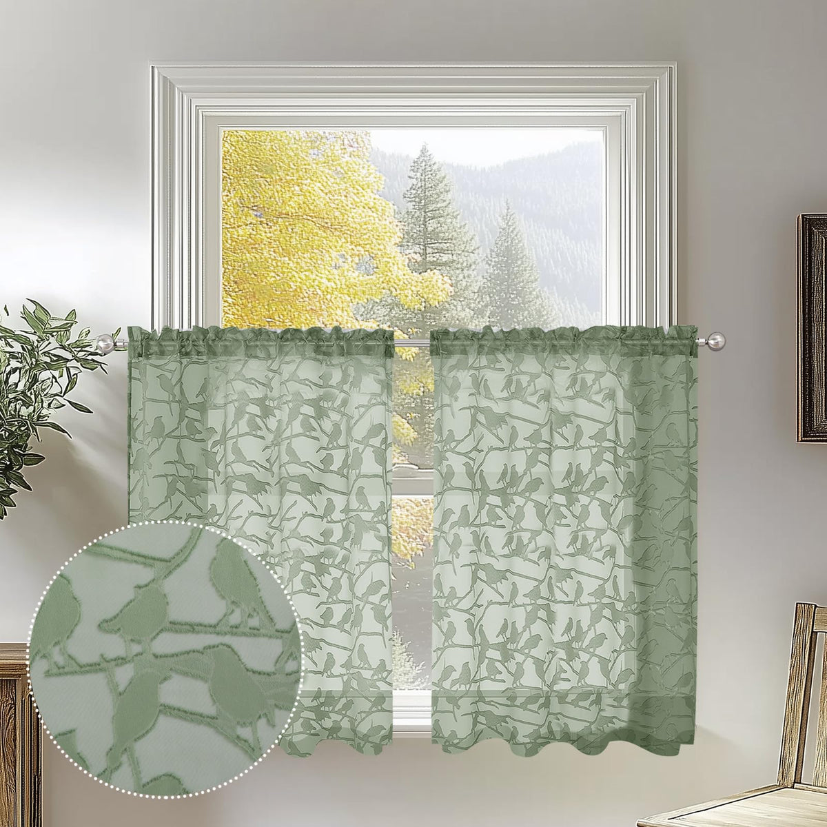 OVZME Sage Green Sheer Curtains 63 Inch Length 2 Panel Set, Light Filtering Bedroom Curtains with Dual Rod Pocket Top, Leaf Bird Clip Jacquard Sheer Farmhouse Window Drapes for Living Room, 2x38Wx63L