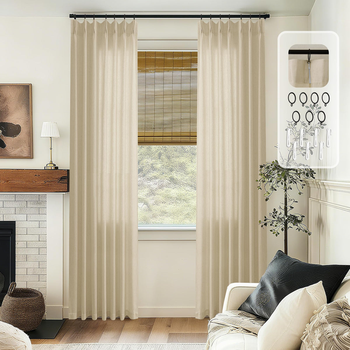 105 Inch Extra Long Curtains Linen Pinch Pleated Cream Semi Sheer