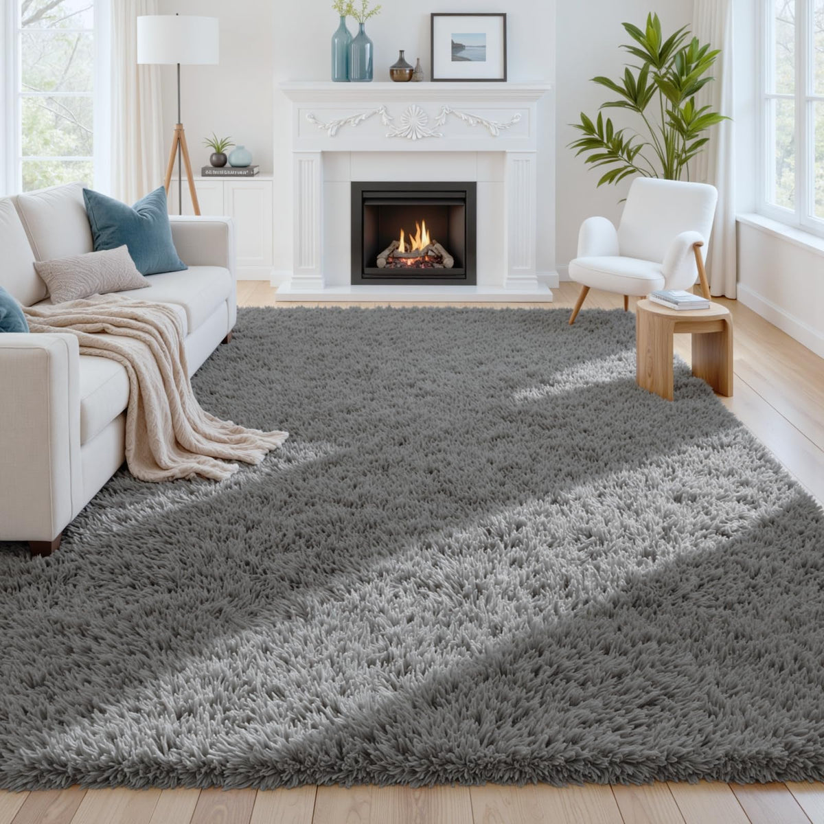 8x10 Fluffy Shag Area Rugs for Living Room Bedroom: Soft Plush Carpet Grey