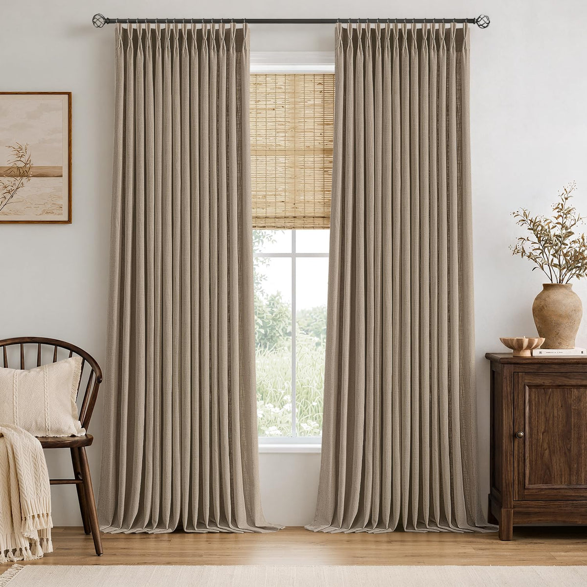 MIULEE Pinch Pleated Thick Linen Curtains 96 Inches Burlap Brown Curtains