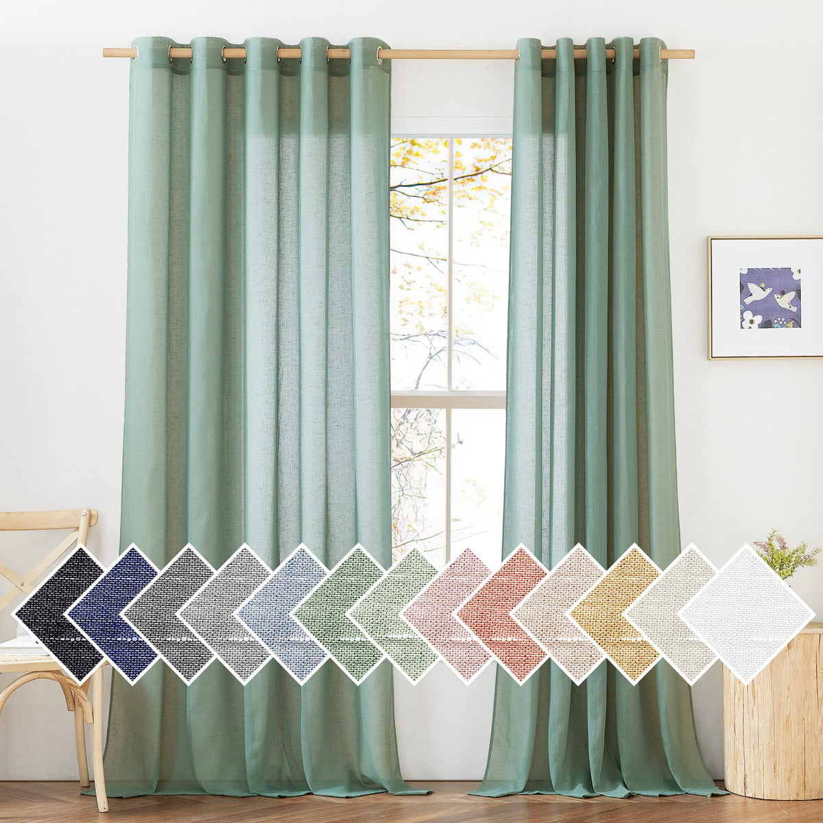 NICETOWN White Sheer Linen Curtains 84 Inch Length 2 Panels Set, W52xL84