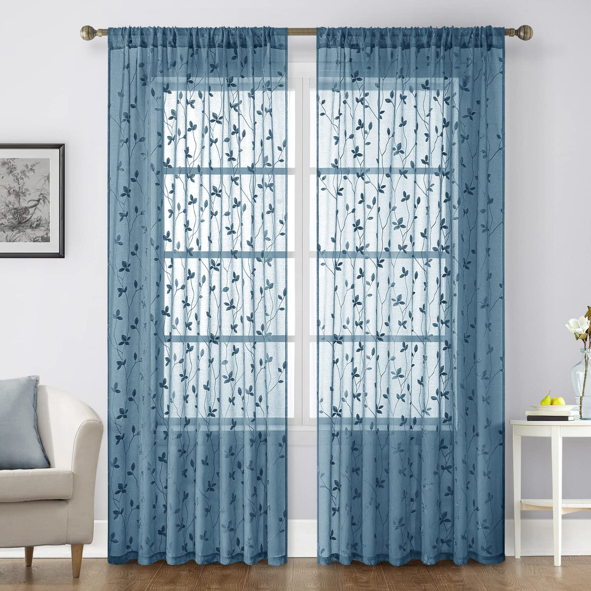 HOMEIDEAS Sage Green Sheer Curtains Leaf Embroidered, 52x84 Inch, 2 Panels