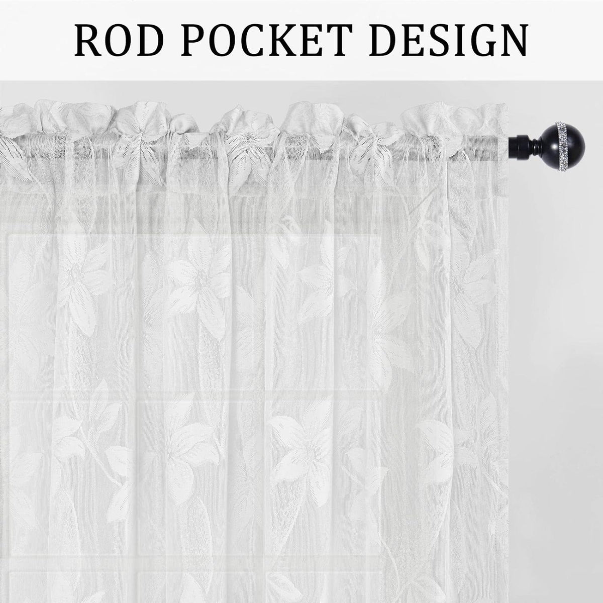 DWCN White Sheer Curtains - Short Curtains Floral Lace Design Rod Pocket Window Voile Sheer Drapes for Bedroom Kitchen Small Window 42 x 54 inch Length, 2 Panels White