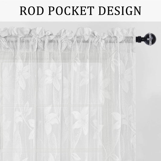 DWCN White Sheer Curtains - Short Curtains Floral Lace Design Rod Pocket Window Voile Sheer Drapes for Bedroom Kitchen Small Window 42 x 54 inch Length, 2 Panels White