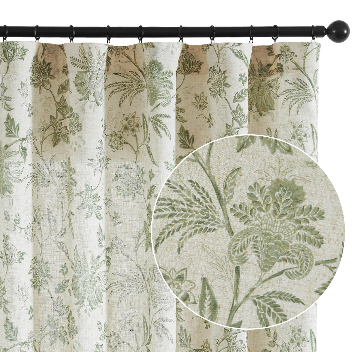 jinchan Green Floral Linen Curtains 84 Inch Vintage Back Tab 2 Panels