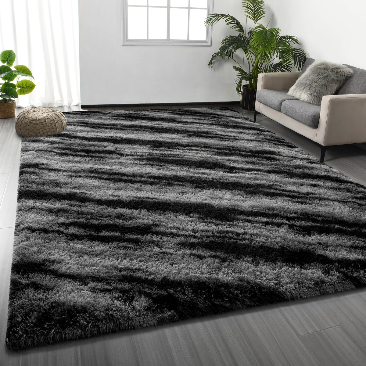 Deerhoo Large Shag Area Rugs 5 x 8, Tie-Dyed Plush Fuzzy Rugs, Light Grey