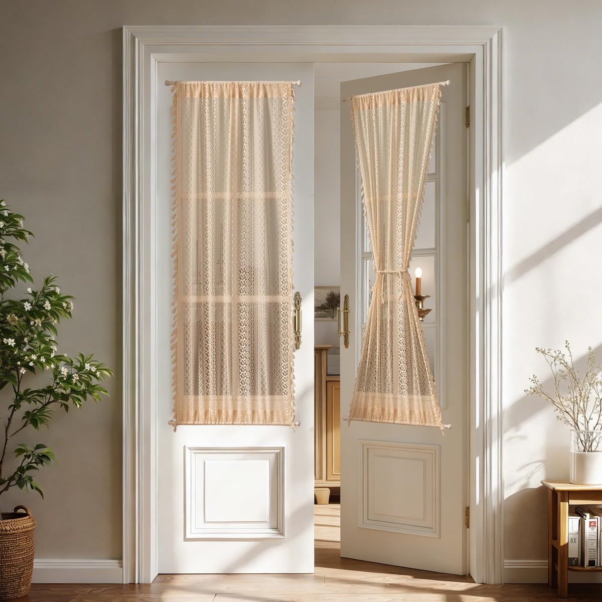 Sutuo Home Terracotta Boho Lace Curtains 2 Panels 84 Inches Long for Living Room&Bedroom, Burnt Orange Crochet Privacy Farmhouse Vintage Tassels Retro Halloween Window Sheer Curtains Rod Pocket,50" W