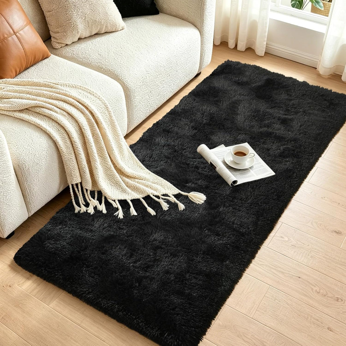 Noahas 2x6 Black Fluffy Soft Runner Rug Non-Slip for Bedroom Dorm Hallway