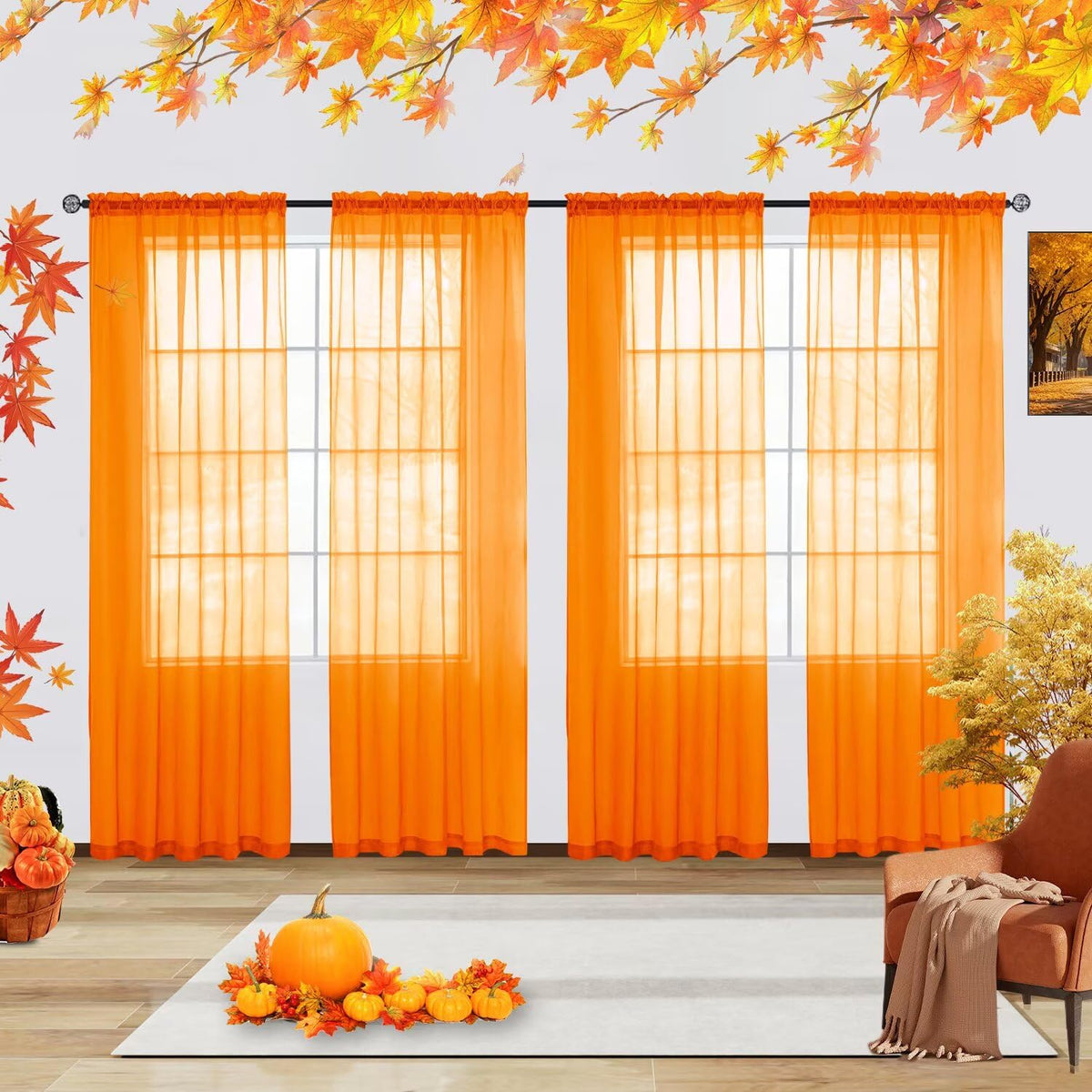 youleyar Solid Sheer Rod Pocket Curtain Voile Draperies 2 Panels White Beige Black Grey Coffee 52 Inch Width 84 Inch Long 1 Pair for Kitchen Bedroom Children Living Room Yard (Orange,52Wｘ84L)