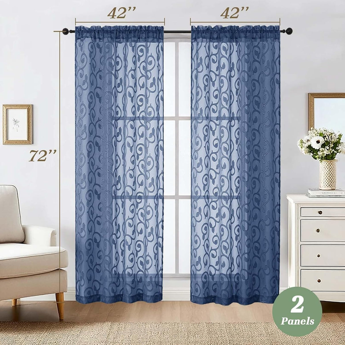 Dusty Blue Sheer Curtains for Bedroom Living Room 72 Inches Long 2 Panels Set, Soft Airy Geometric Jacquard Clip Curtains Drapes, Modern Rod Pocket Door Curtain, 2Pcs Each 42" Wx72 L Inch