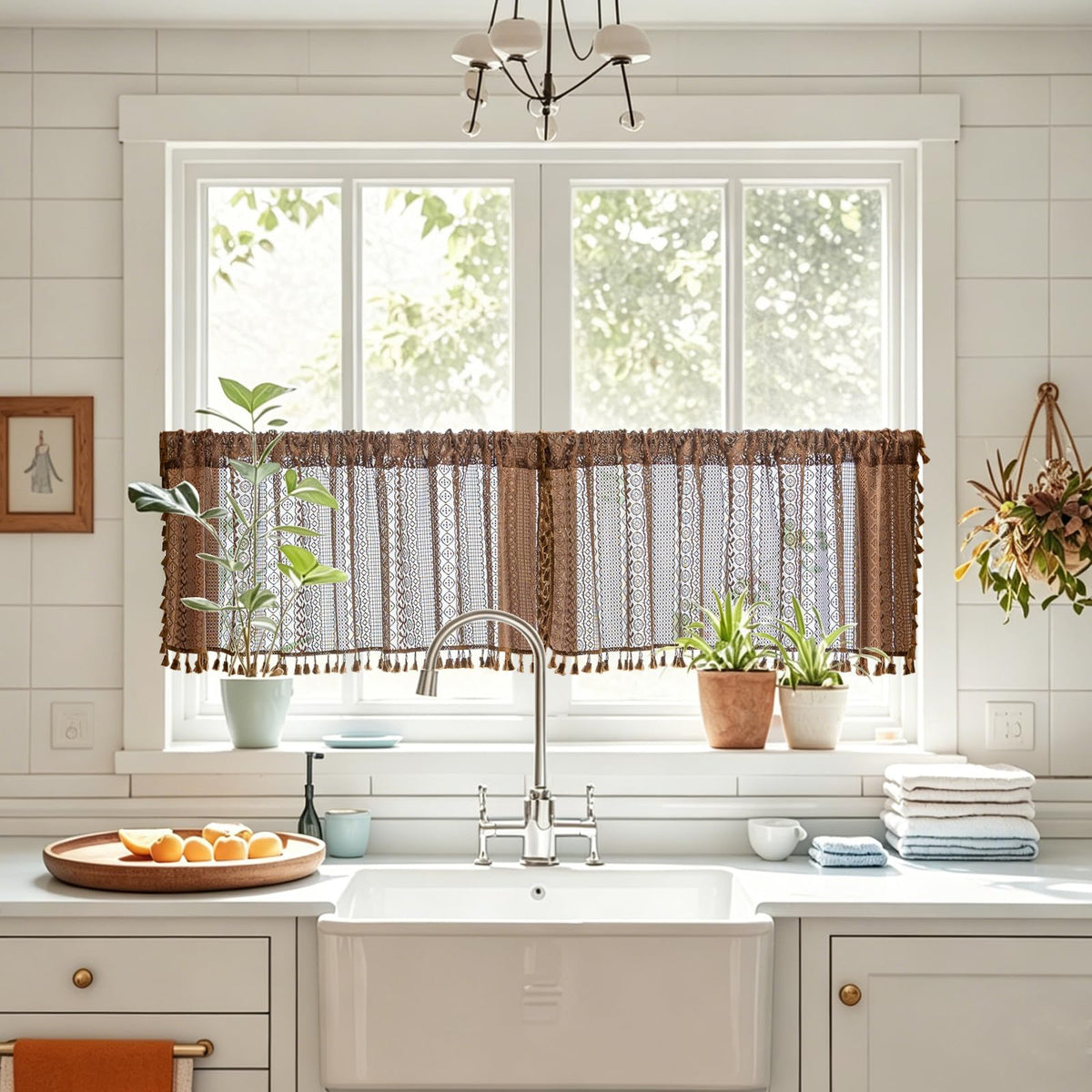 Sutuo Home Terracotta Boho Lace Curtains 2 Panels 84 Inches Long for Living Room&Bedroom, Burnt Orange Crochet Privacy Farmhouse Vintage Tassels Retro Halloween Window Sheer Curtains Rod Pocket,50" W
