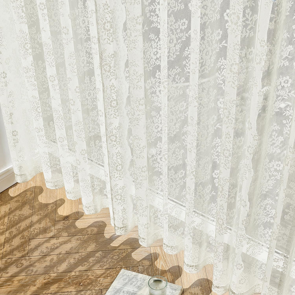 2 Panels Vintage Lace Curtains 63 Inches Length 52 x 63 Inch Ivory
