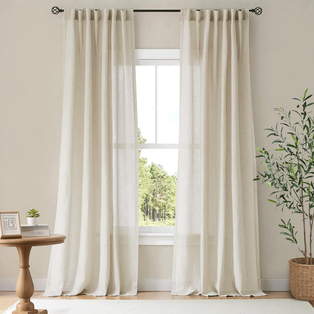 NICETOWN Natural Linen Curtains & Drapes for Windows 84 inch Long, Rod Pocket & Back Tab Thick Flax Semi Sheer Privacy Assured with Light Filtering for Bedroom/Living Room, W55 x L84, 2 Pieces