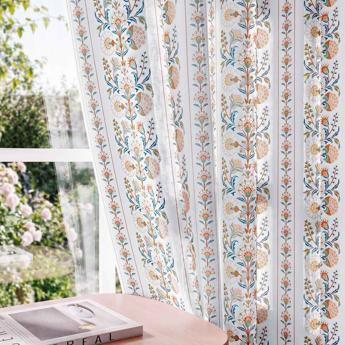 Pinch Pleated Memory Floral Linen Curtains 84 Inches 2 Panels Blue