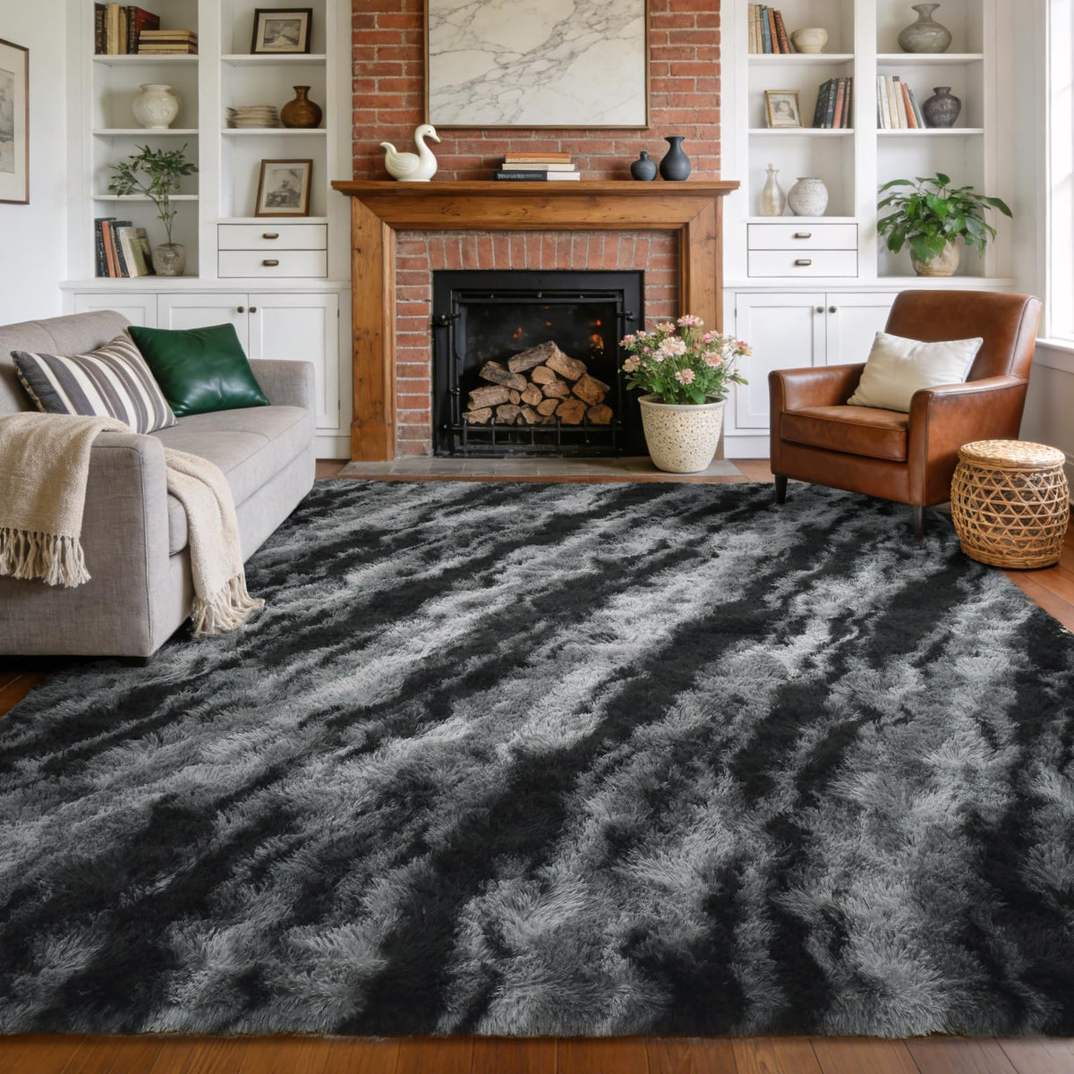 9x12 Extra Large Fluffy Area Rugs for Living Room Tie-Dyed Light Grey