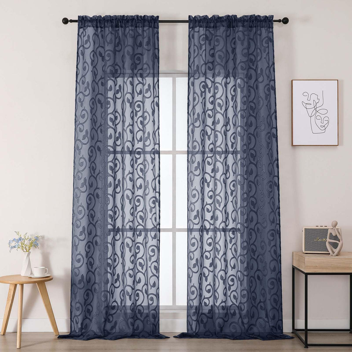 Dusty Blue Sheer Curtains for Bedroom Living Room 72 Inches Long 2 Panels Set, Soft Airy Geometric Jacquard Clip Curtains Drapes, Modern Rod Pocket Door Curtain, 2Pcs Each 42" Wx72 L Inch