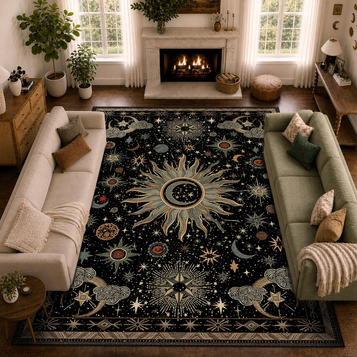 Vacuum-Friendly, 5x7 Washable Area Rug, Black Gold Beige Red