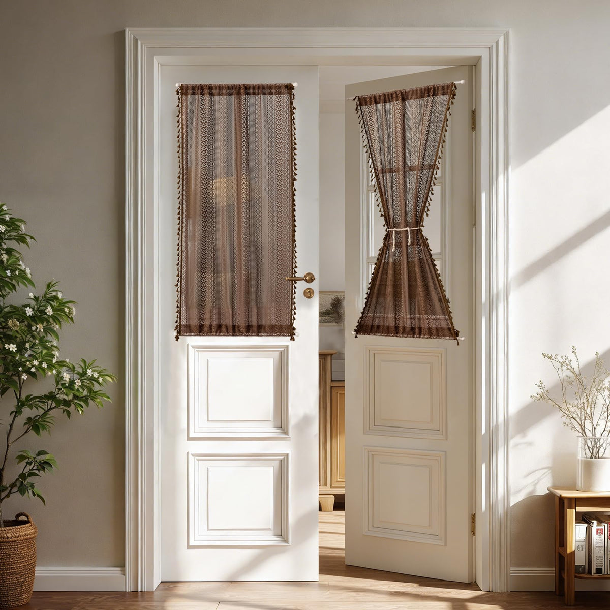 Sutuo Home Terracotta Boho Lace Curtains 2 Panels 84 Inches Long for Living Room&Bedroom, Burnt Orange Crochet Privacy Farmhouse Vintage Tassels Retro Halloween Window Sheer Curtains Rod Pocket,50" W