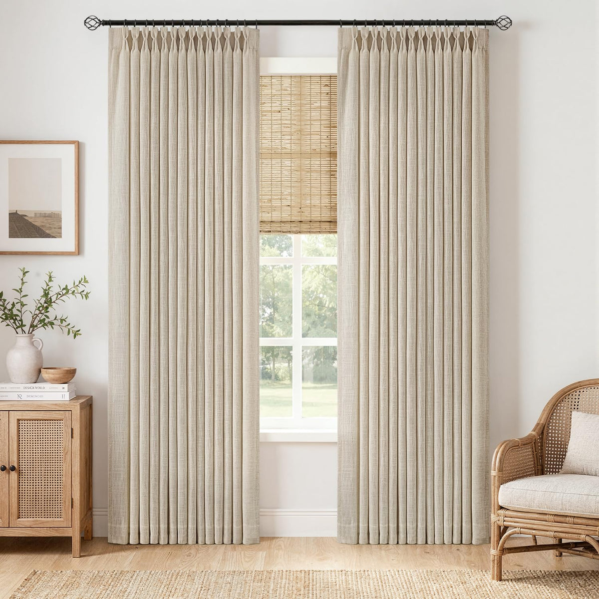 MIULEE Pinch Pleated Thick Linen Curtains 96 Inches Burlap Brown Curtains