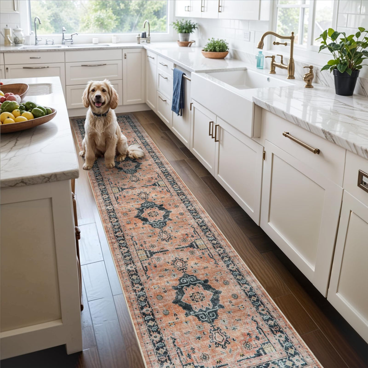 2x6 Hallway Washable Runner Rug : Vintage Soft Kitchen Laundry Runner with Non Slip Backing Farmhouse Entryway Living Room Floor Mat Stain Resistant Carpet for Bedroom Bathroom Distressed Beside Rug