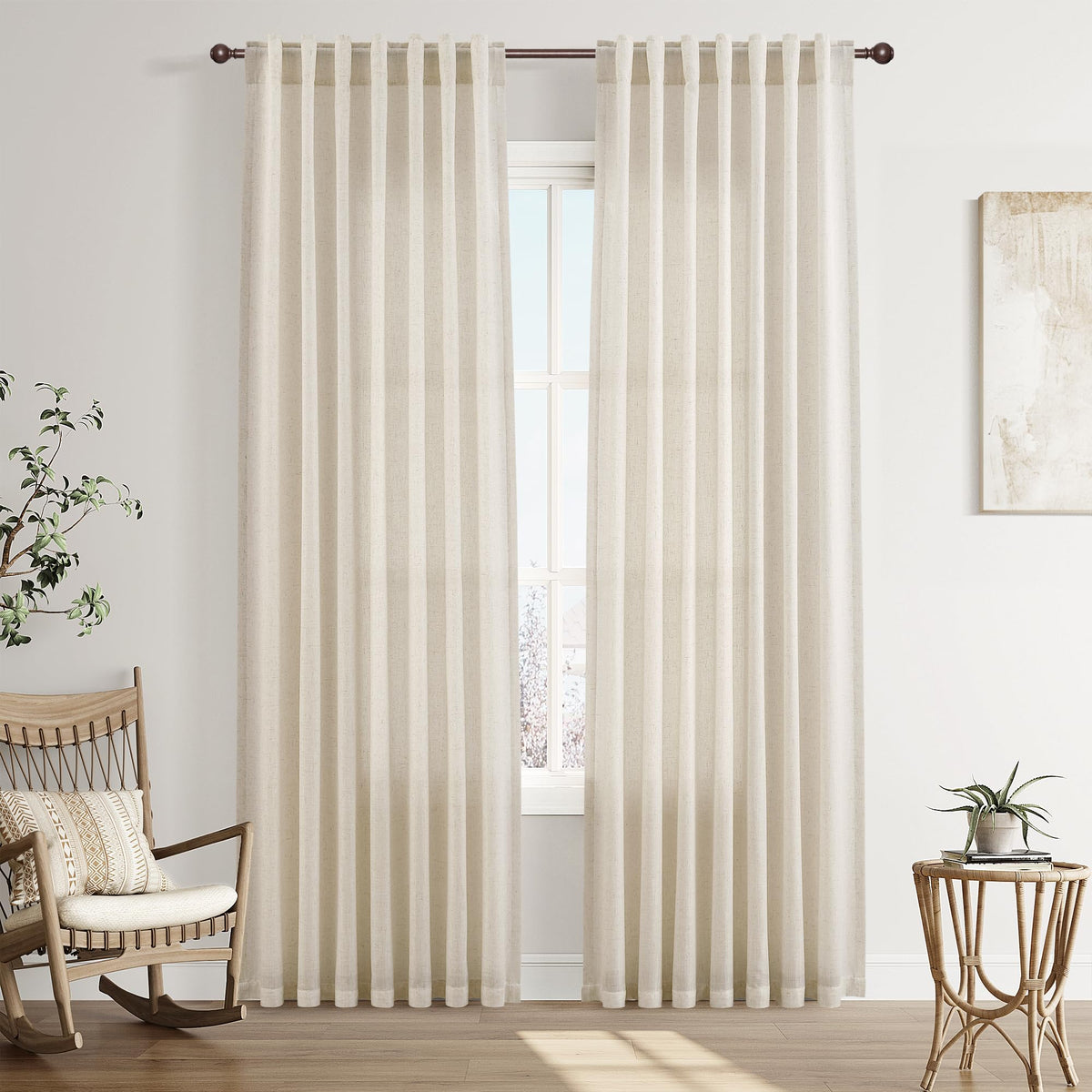 Joywell Linen Sheer Curtains 84 Inches Long for Living Room Beige Cream