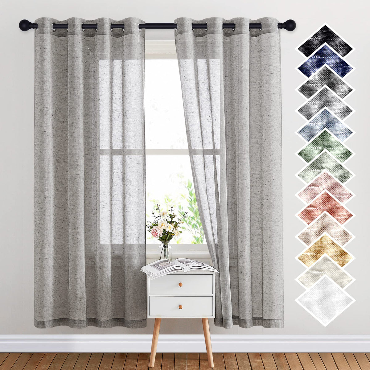 NICETOWN White Sheer Linen Curtains 84 Inch Length 2 Panels Set, W52xL84