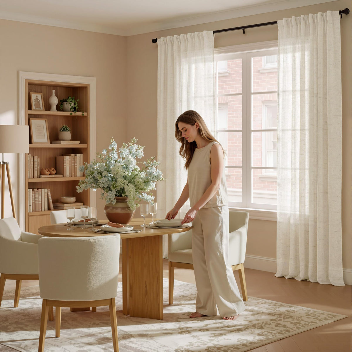 NICETOWN White Linen Sheer Curtains and Drapes 84 inches Long, Rod Pocket & Back Tab semitransparent with Light Through Vertical Window Treatments for Sliding Glass Door & Living Room, 52"W, Set of 2