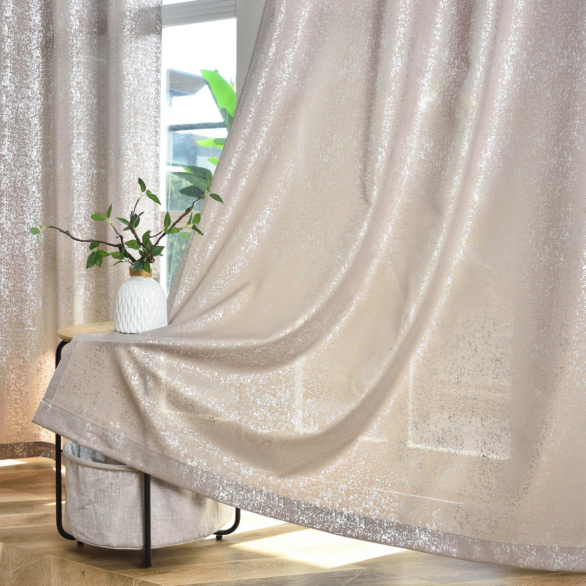Silver Grey Sheer Curtains with Foil Dots, Grommet, 2 Panels 52 x 84 Inch