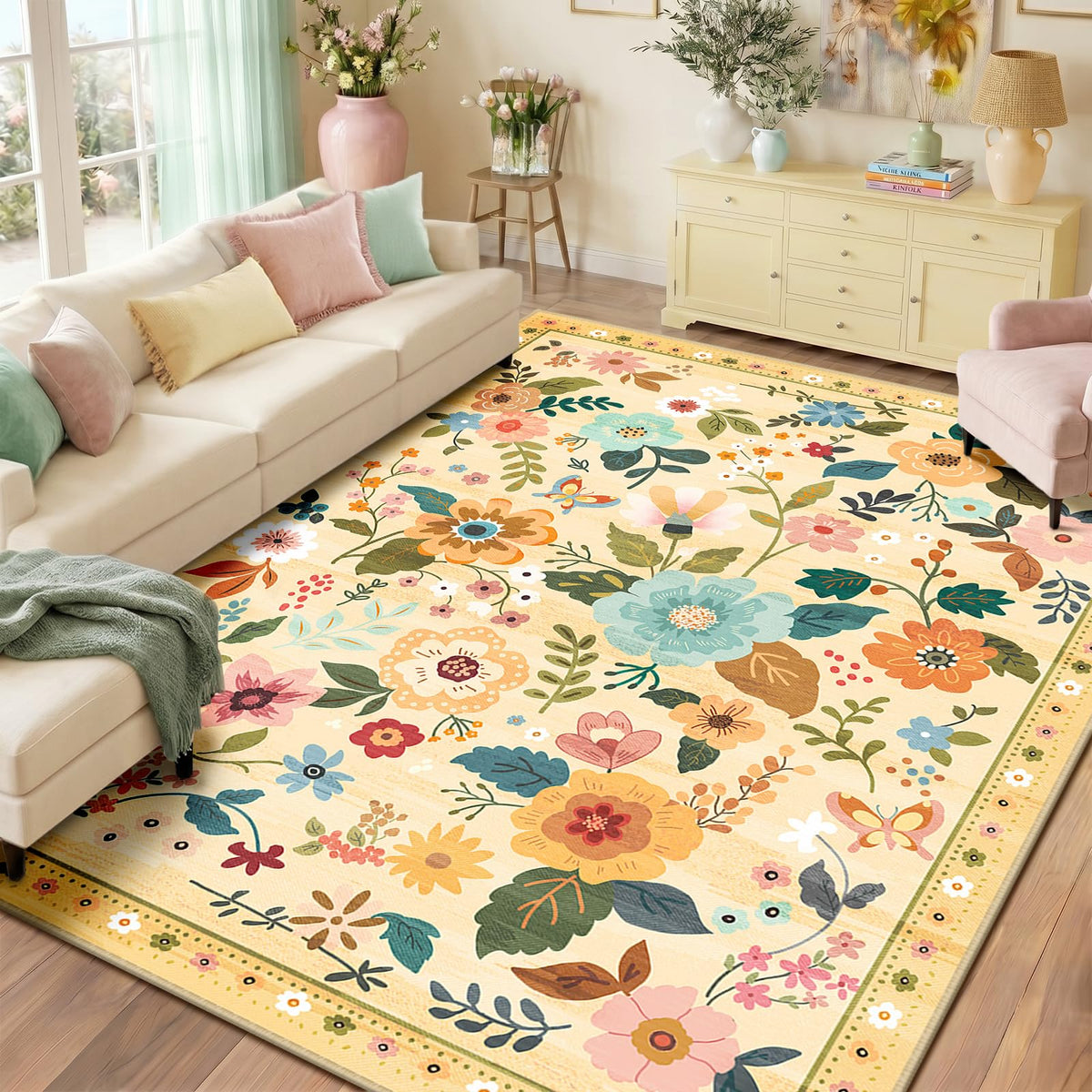 RELEANY Floral Washable 5x7 Area Rugs Pink