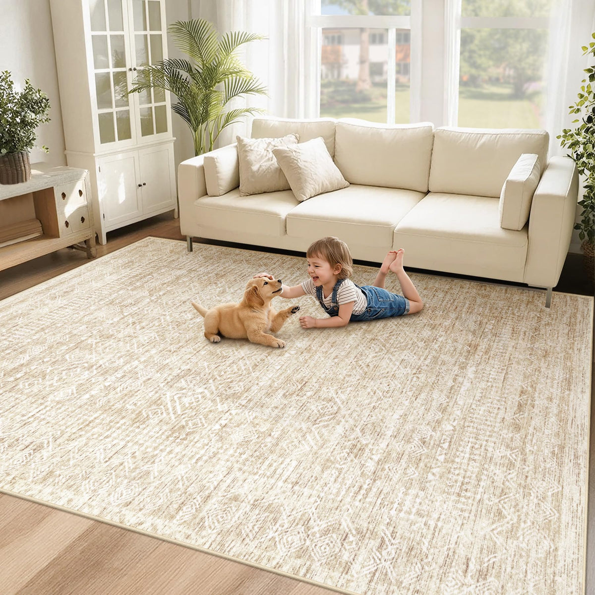 Living Room Rugs 8x10: Washable Moroccan Geometric Boho Rug Farmhouse Non Slip Stain Resistant Large Rug Low Pile Soft Carpet for Bedroom Dining Room Children Room (Beige,8'x10')