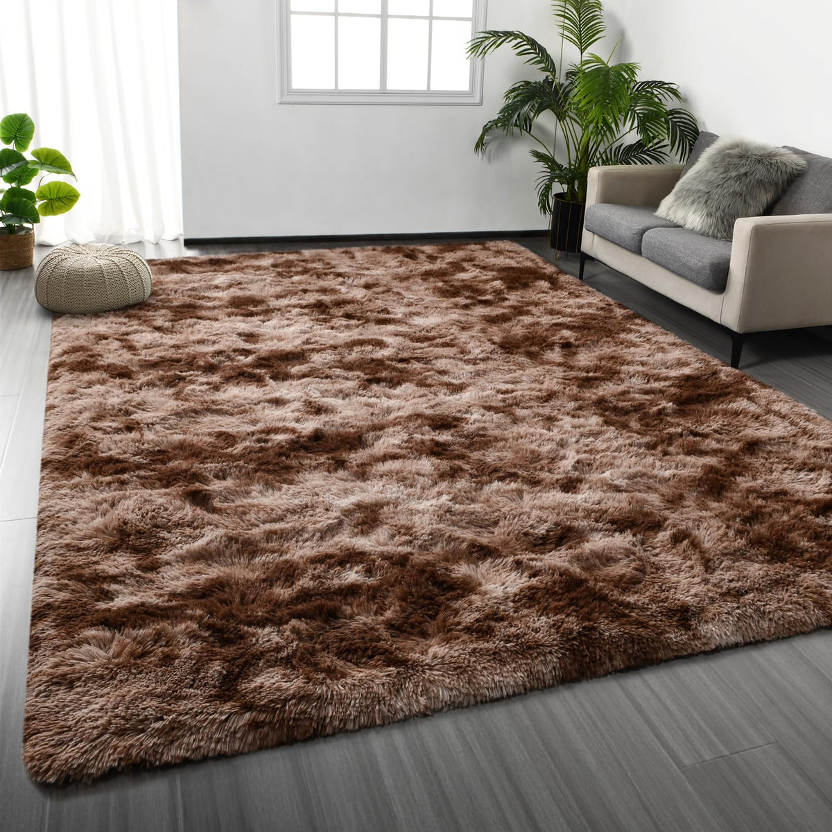 Deerhoo Large Shag Area Rugs 5 x 8, Tie-Dyed Plush Fuzzy Rugs, Light Grey