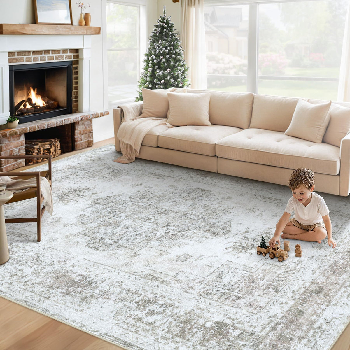 XLUEZ Area Rug 8x10 Living Room Rug, Machine Washable Vintage Distressed Medallion Rug Non-Slip Soft Low Pile Large Indoor Rugs for Bedroom Dining Room Office Children's Room (Beige,8'x10')