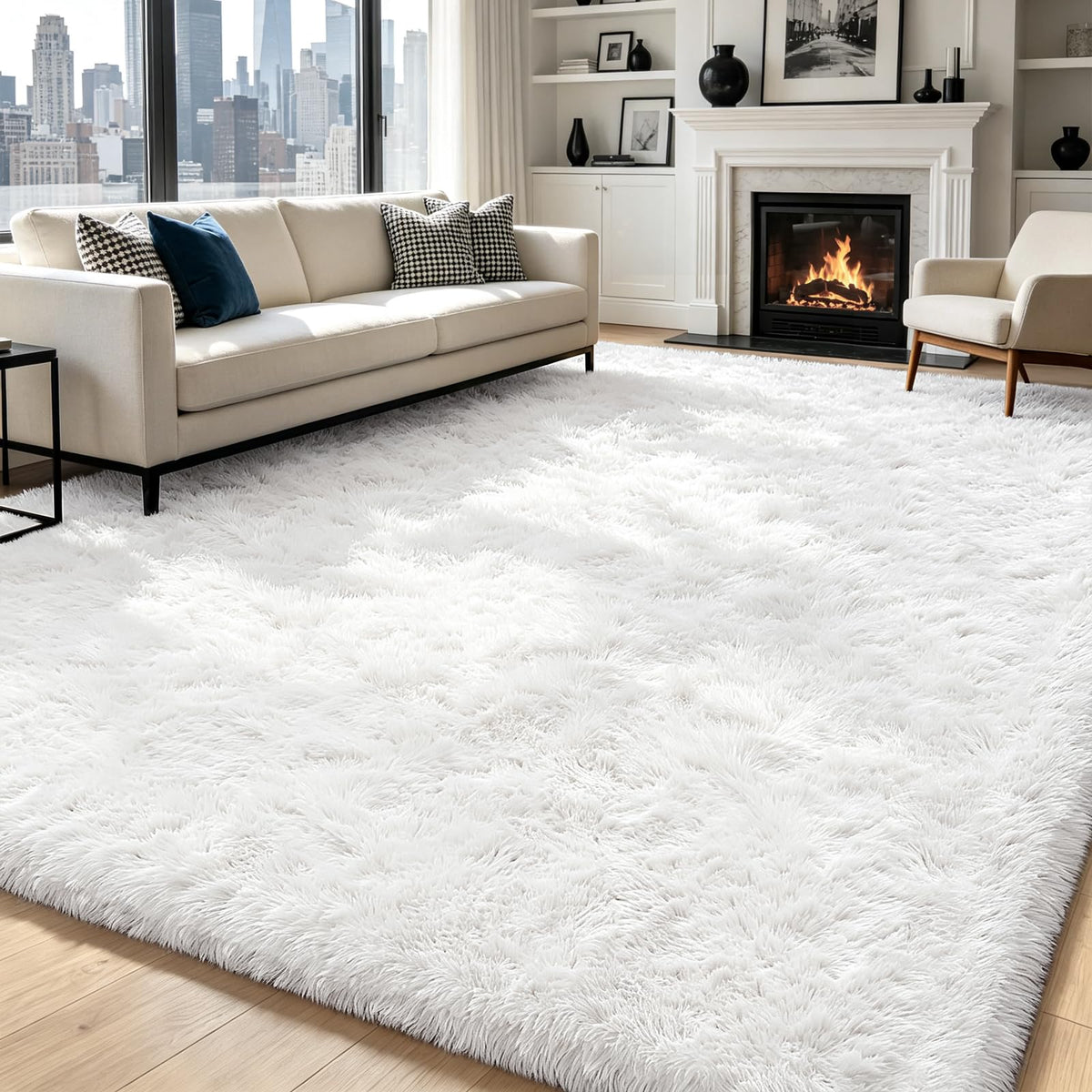 Beige 8x10 Area Rugs for Living Room, Fluffy Shag Rug Large Bedroom Carpet