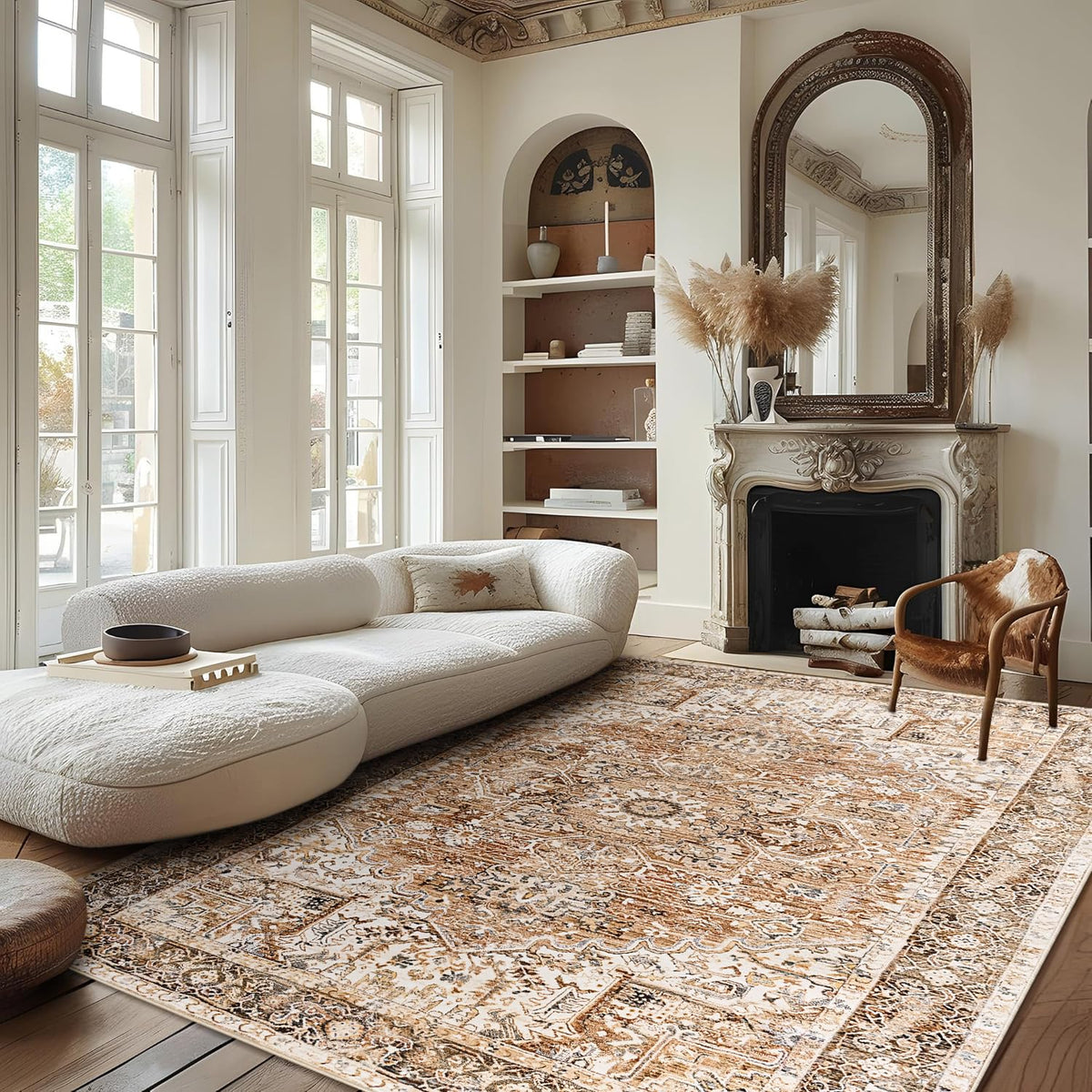 Hanples 5x7 Area Rugs for Living Room, Washable Rug Vintage Floral, Beige
