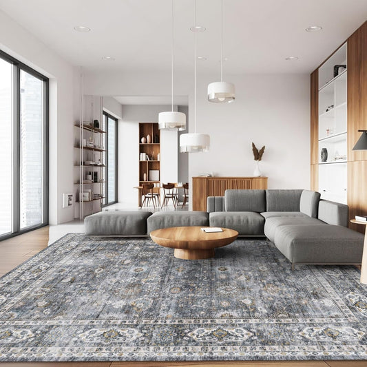 Rugcomf Large Living Room Rug 8x10 Washable Non Slip Vintage, Grey