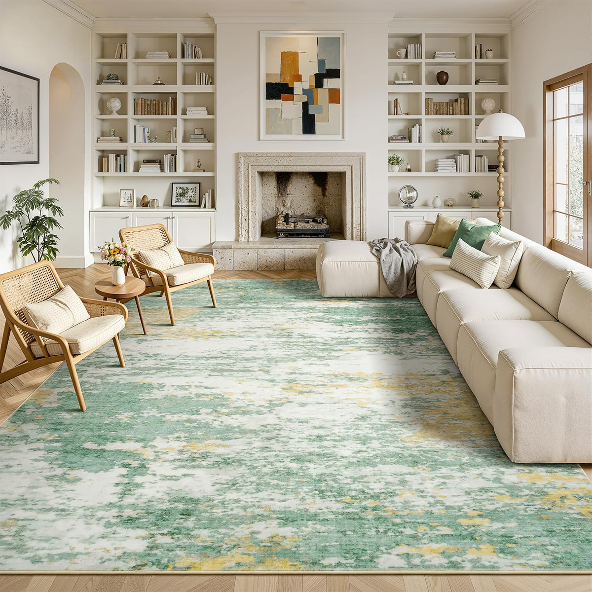 8x10 Area Rug for Living Room, Abstract Washable Non-Slip Large Rugs, Gold