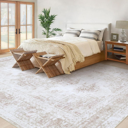 XLUEZ Area Rug 8x10 Living Room Rug, Machine Washable Vintage Distressed Medallion Rug Non-Slip Soft Low Pile Large Indoor Rugs for Bedroom Dining Room Office Children's Room (Beige,8'x10')