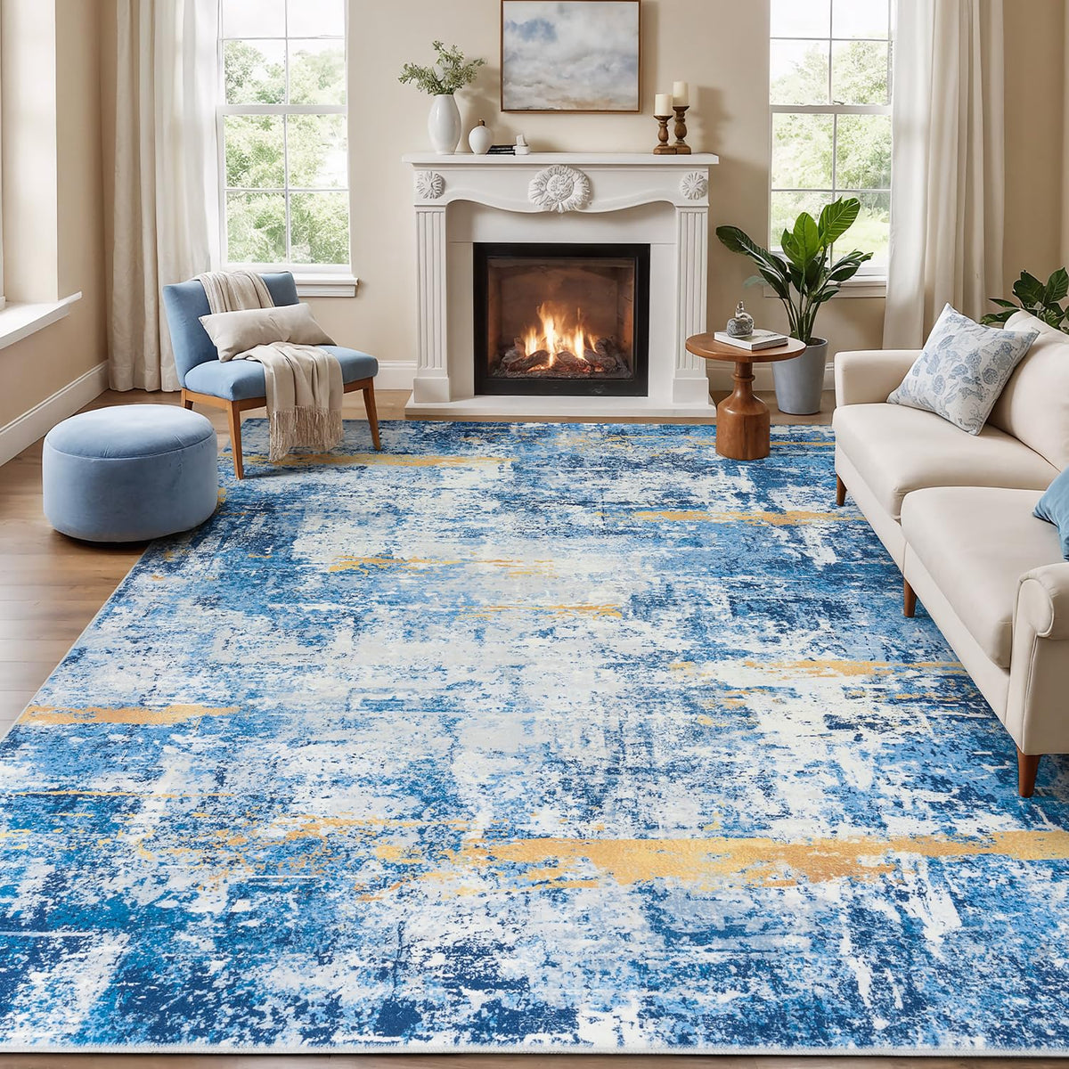 Rugflix 8x10 Area Rugs for Living Room, Washable Large Rug Stain-Resistant Low Pile, Modern Dark Carpet for Dining Room Home Office Kid Room Nursery Bedroom, Navy Blue/Black