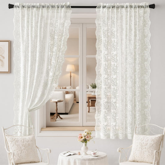 2 Panels Vintage Lace Curtains 63 Inches Length 52 x 63 Inch Ivory